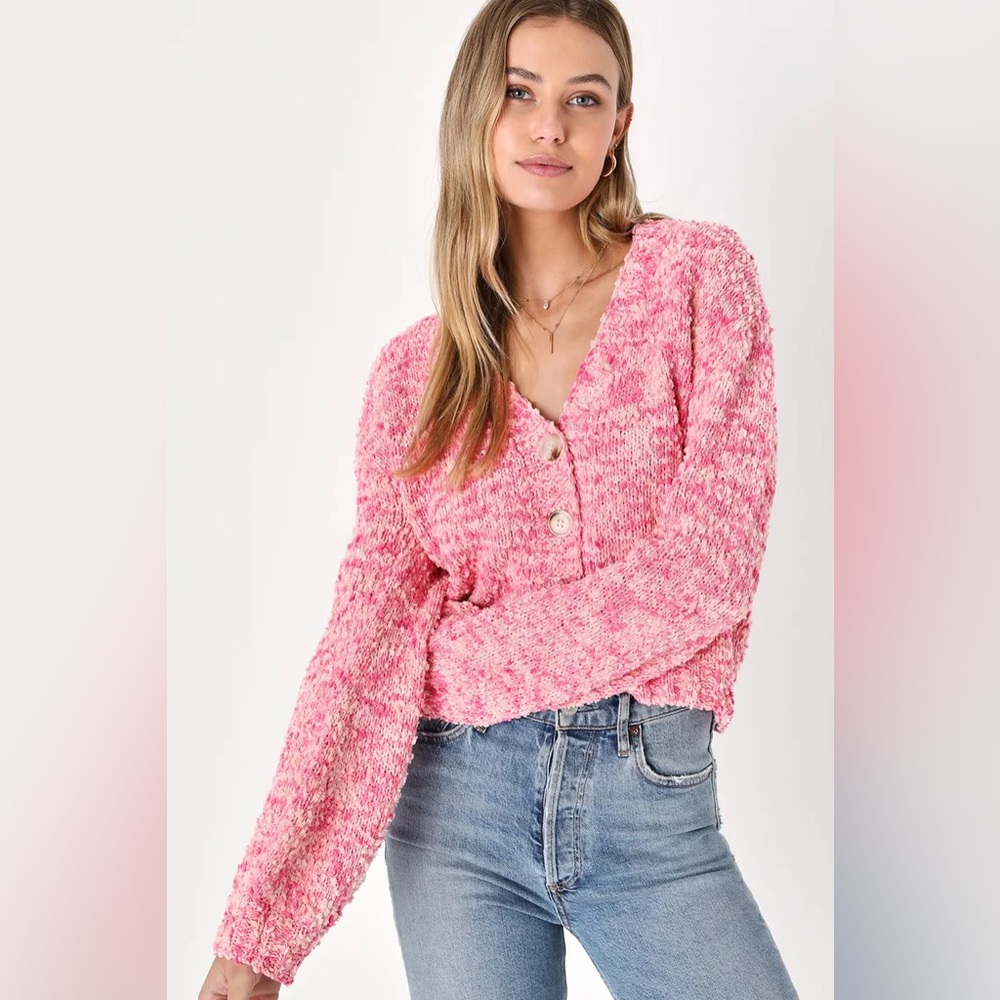 Lulus NWT Pink Multi Cropped Balloon Sleeve Cardigan, size L